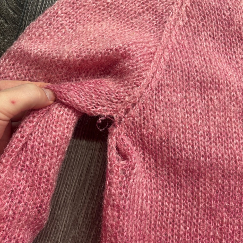 Vintage Pink Mohair Blend Open Knit Cardigan Sweater V-Neck Raglan Pink Marl - Picture 4 of 10